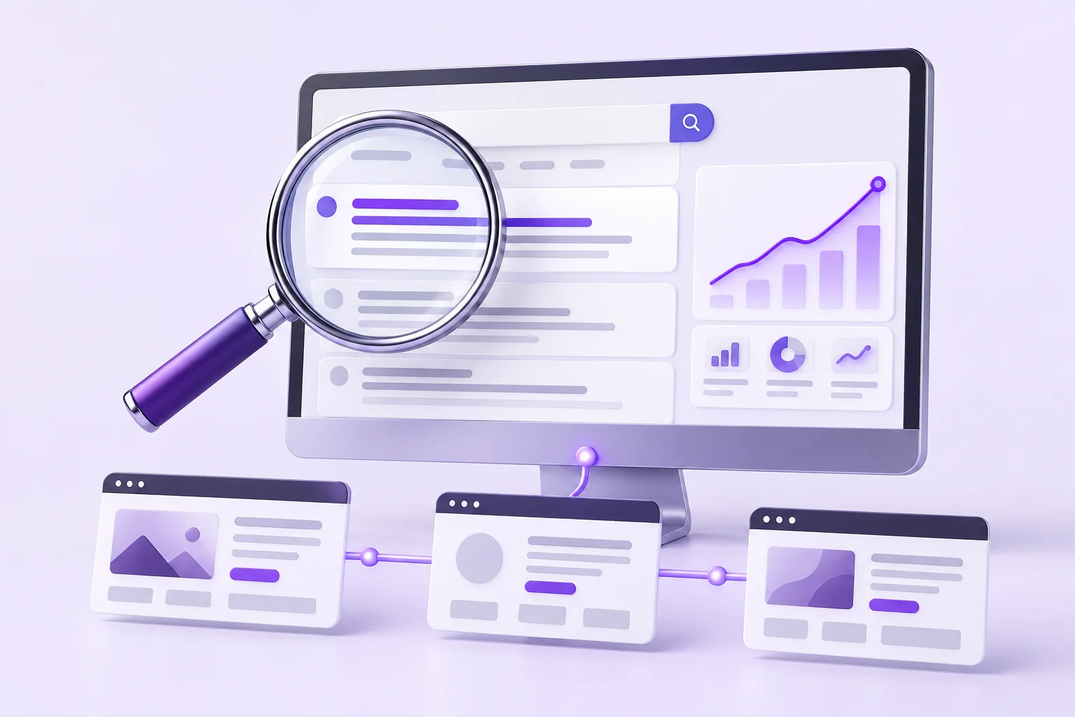 Search optimization illustrated with search results, website pages and an analytics dashboard